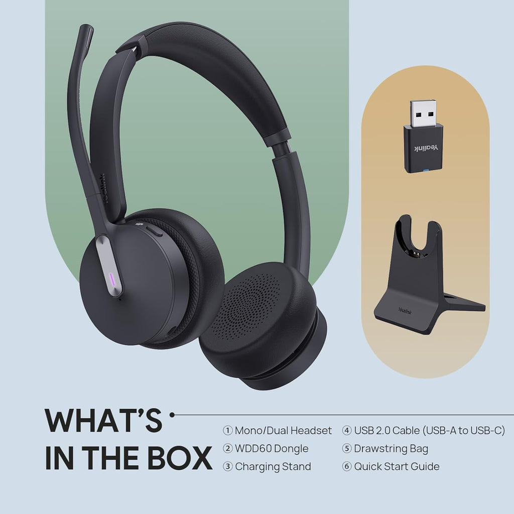 Yealink WH64 Hybrid with Stand DECT& Bluetooth Wireless Headset with Mic for Work, Bluetooth Headphones, 3X Mic, 492ft Range,32H Talk Time, Office Portable Stereo On Ear Headsets for PC Laptop