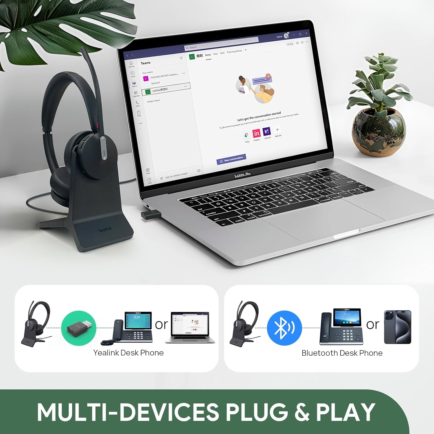 Yealink WH64 Hybrid with Stand DECT& Bluetooth Wireless Headset with Mic for Work, Bluetooth Headphones, 3X Mic, 492ft Range,32H Talk Time, Office Portable Stereo On Ear Headsets for PC Laptop
